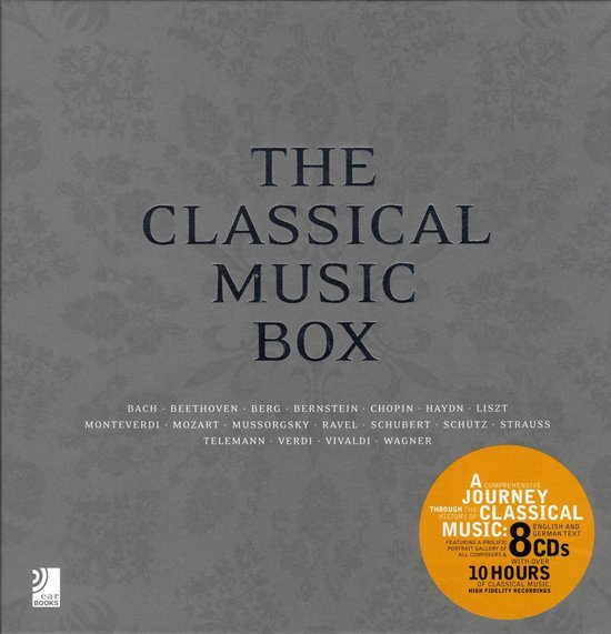 Box met de titel "THE CLASSICAL MUSIC BOX" in reliëfletters, met een grijs patroon en oranje cirkel met info over 8 CD's en 10 uur muziek.