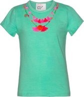 Mim Pi Mint groen meisjes T-shirt opgesierd met een ketting van pluimpjes en pompoms