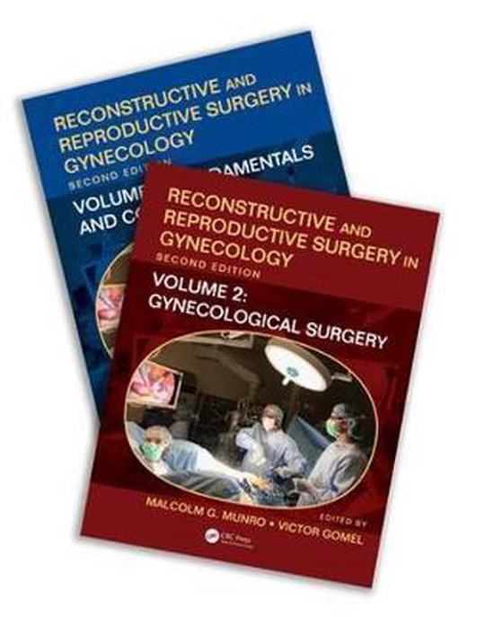Twee medische studieboeken, Reconstructive and Reproductive Surgery in Gynecology, met operatiebeelden op de kaft.