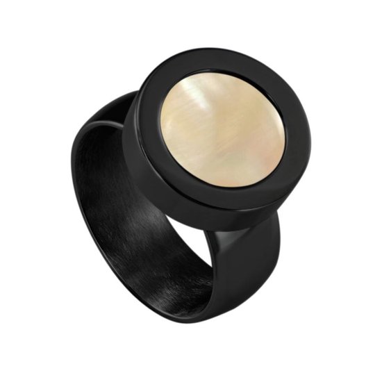 Quiges RVS Schroefsysteem Ring Zwart Glans met Verwisselbare Perzikkleur Schelp 12mm Mini Munt