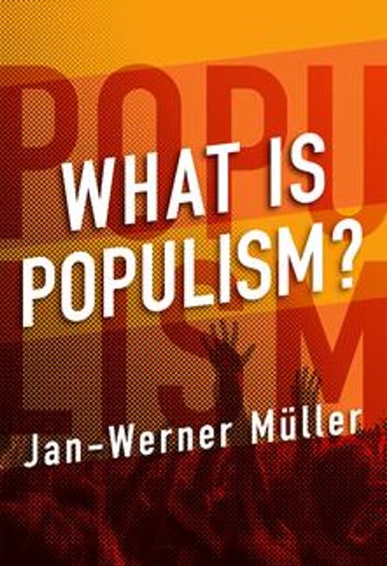 Boekcover 'What is Populism?' door Jan-Werner Müller, met oranje en gele tinten en tekst op de voorgrond.