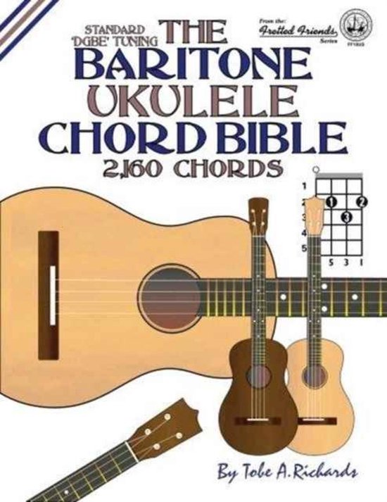 Boek 'The Baritone Ukulele Chord Bible' met een afbeelding van ukuleles en een akkoorddiagram.