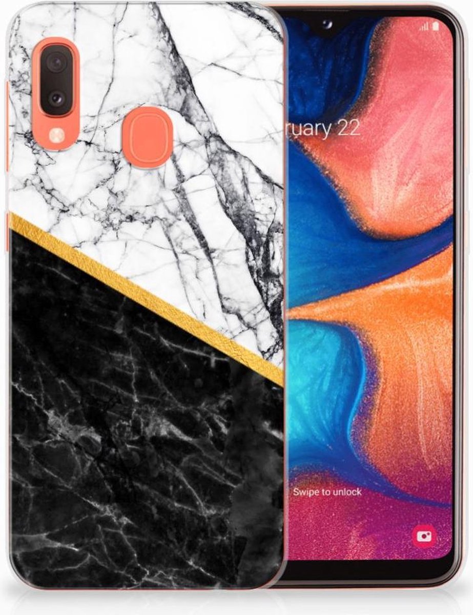Samsung Galaxy A20e TPU Siliconen Hoesje Marmer Wit Zwart - Origineel Cadeau Man