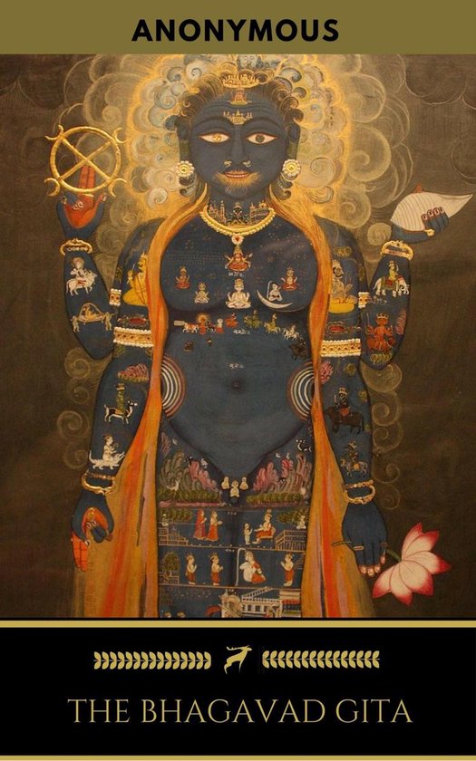 De Bhagavad Gita, met een donkerblauwe godheid met vier armen, lotussen en een gouden aura.