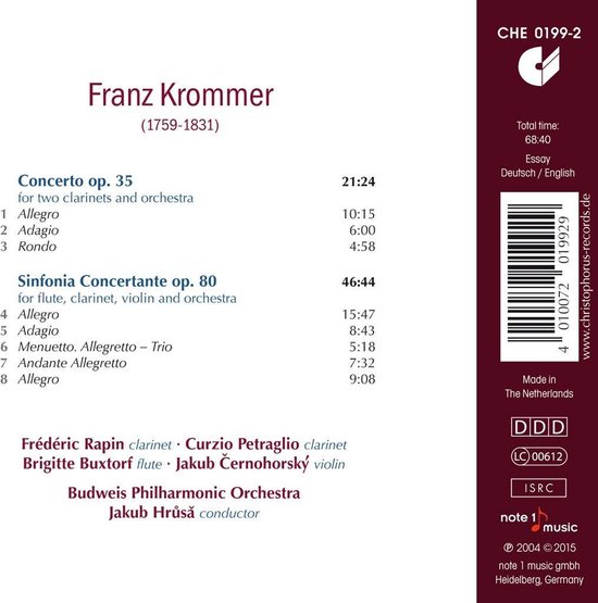 Frédéric Rapin, Curcio Petraglio, Budweis Philharmonic Orchestra, Jakub Hrusa - Krommer: Concerto For 2 Clarinets, Op. 35; Sinfonia Concertante, Op. 80 (CD)