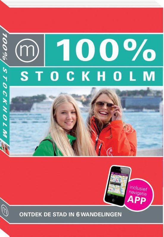 Boek met twee lachende vrouwen, "100% STOCKHOLM" en "ONTDEK DE STAD IN 6 WANDELINGEN"