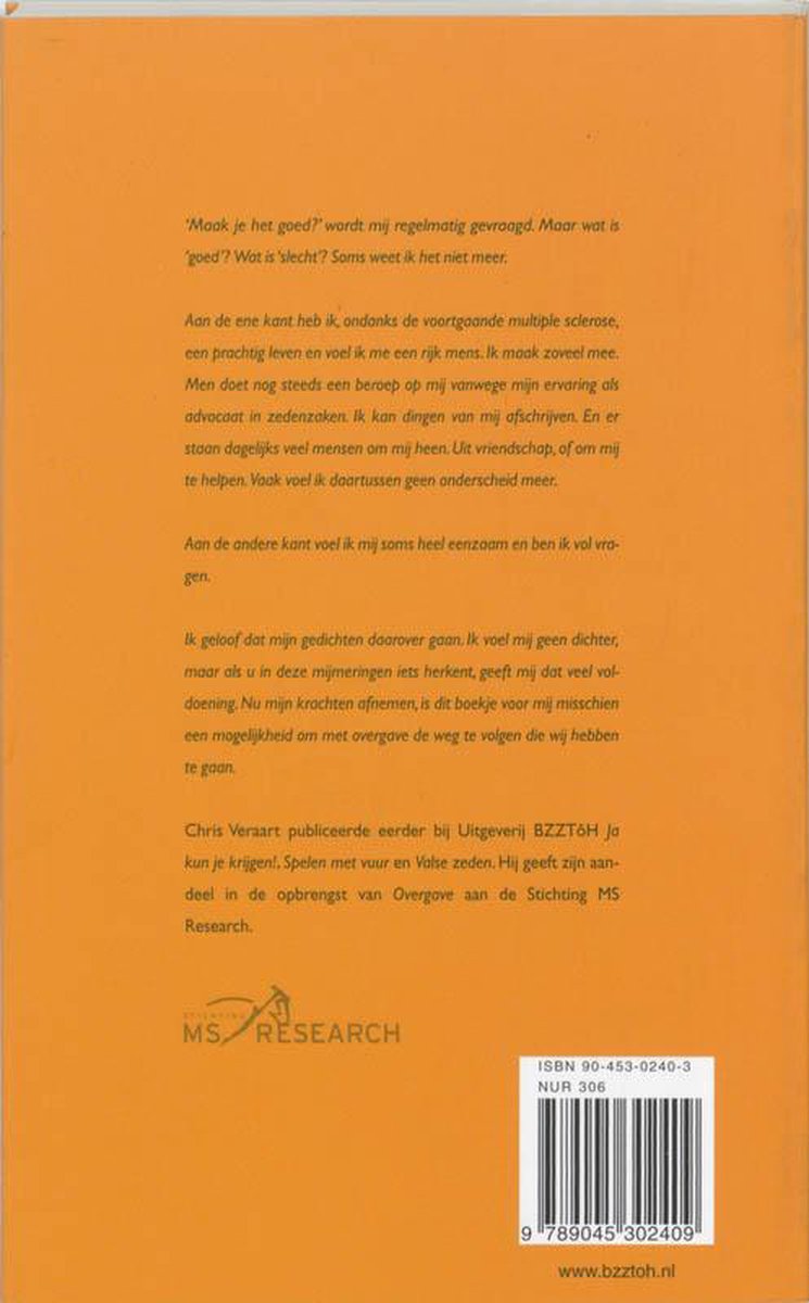 Achterkant boek met tekst over gedichtenbundel 'Overgave' van Chris Veraart. Rechts ISBN-nummer en website.