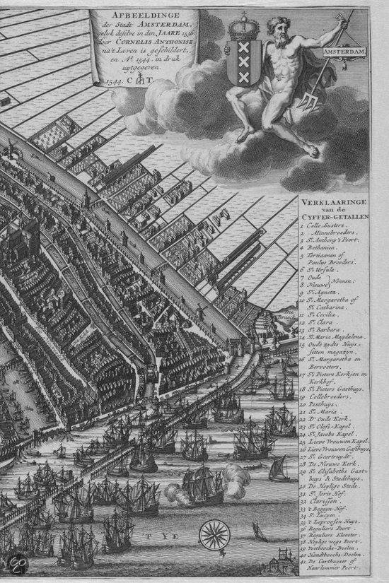 Gedetailleerde kaart van Amsterdam uit de 17e eeuw met schepen op het water.