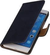 Hout Bookstyle Wallet Case Hoesje voor Huawei Honor 6 Plus Donker Blauw