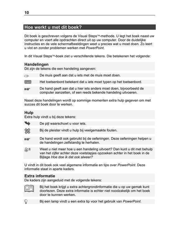 Pagina 10, 'Hoe werkt u met dit boek?', met iconen voor Handelingen, Hulp en Extra informatie.