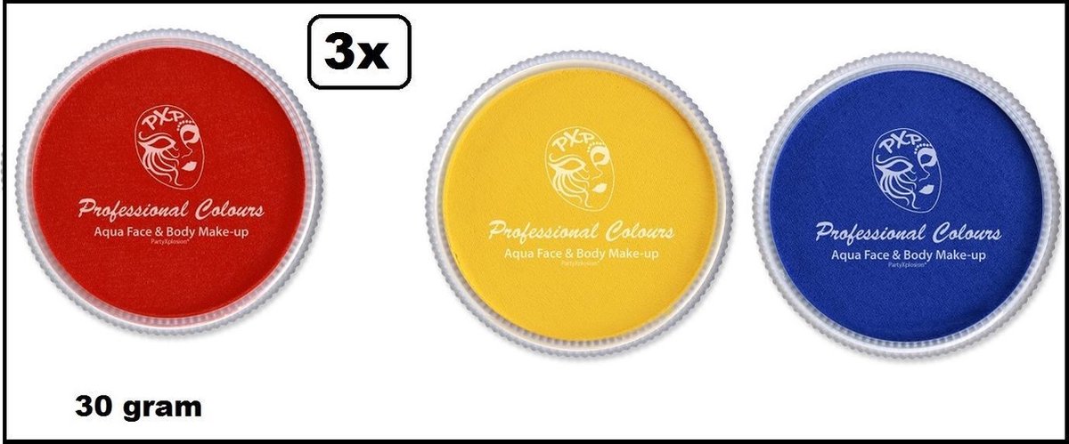 3x Aqua face & body paint rood/geel/blauw 30gram.