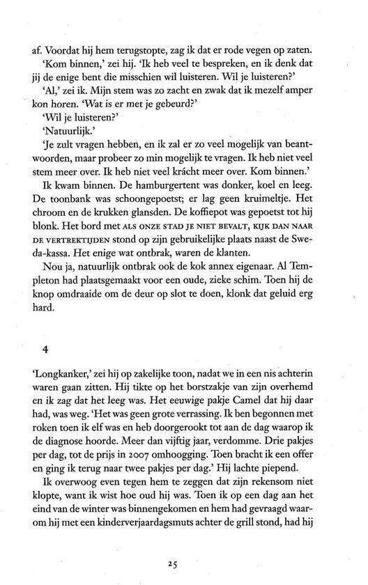 Tekst op een pagina met een beschrijving van een roker en een scène met een oude man.
