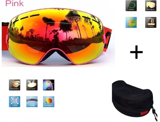 Ski bril + hard case lens Smoke Red frame Roze F type 10 Cat. 0 tot 4 - â˜€/â˜ extra lens is optie.