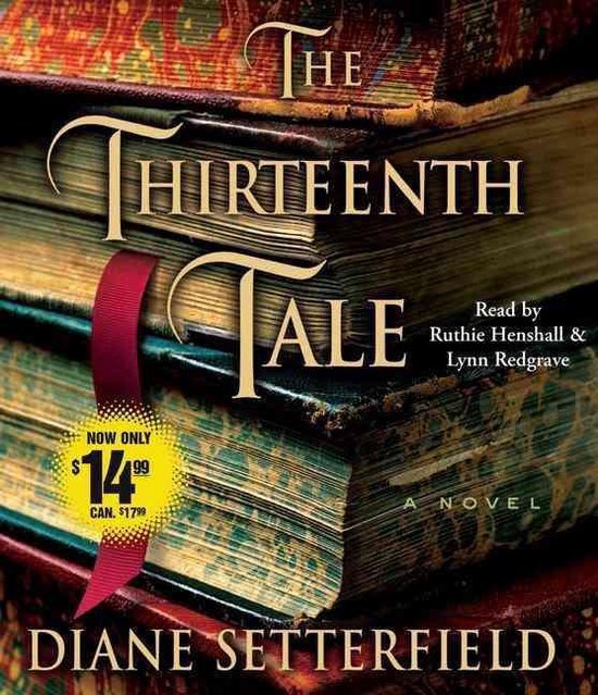 Livre intitulé 'The Thirteenth Tale' par Diane Setterfield, avec un marque-page rouge et une étiquette jaune indiquant le prix $14.99.