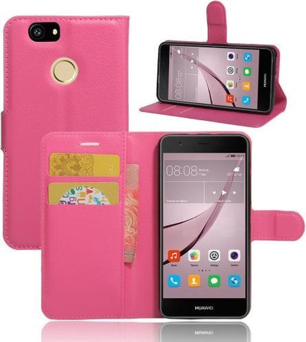 Litchi cover roze wallet case hoesje Geschikt voor: Huawei Nova