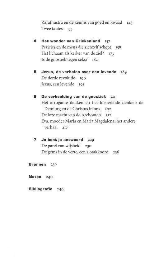 Boekpagina met inhoudsopgave: 'Zarathustra en de kennis van goed en kwaad', 'Het wonder van Griekenland', 'Jezus, de verhalen over een levende', 'De verbeelding van de gnostiek', 'Je bent je antwoord', 'Bronnen', 'Noten', 'Bibliografie'.