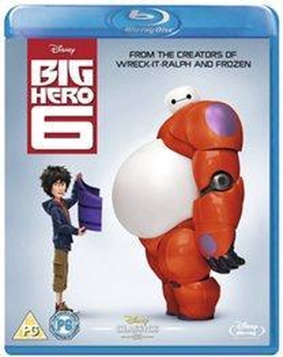 De Blu-ray hoes van Big Hero 6, met Hiro Hamada die een paars-wit pakje vasthoudt, en de robot Baymax in zijn oranje pantser.