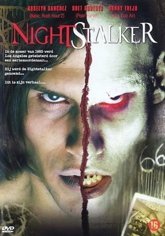 Filmcover "Nightstalker" met de gespleten gezichten van twee mannen, een met een donkere blik en de ander met een monsterlijke, rode oog.