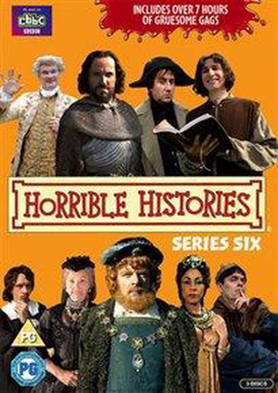 DVD-cover van Horrible Histories Serie Zes met zeven acteurs in historische kostuums.