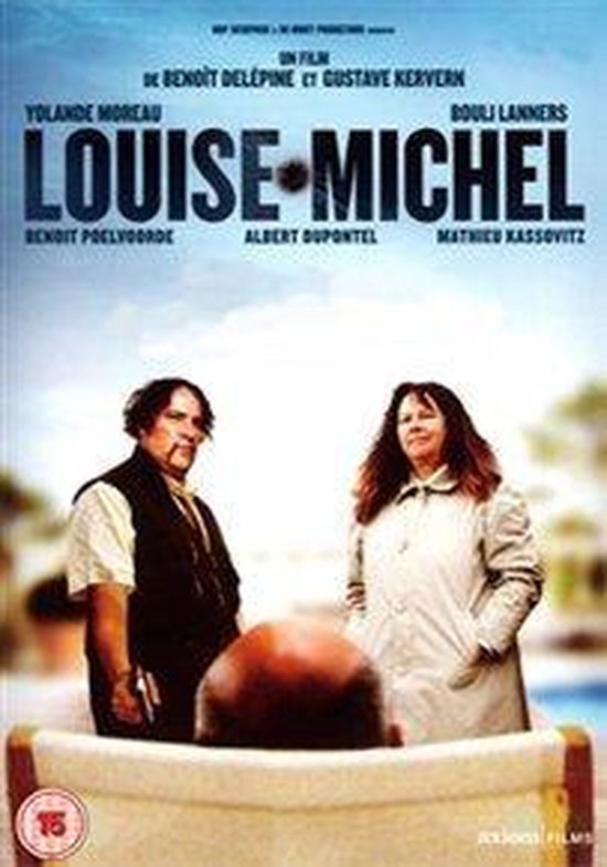 Poster met Yolande Moreau en Bouli Lanners voor de film Louise Michel. Moreau draagt een beige jas, Lanners een wit overhemd en zwart gilet. Ze staan buiten.