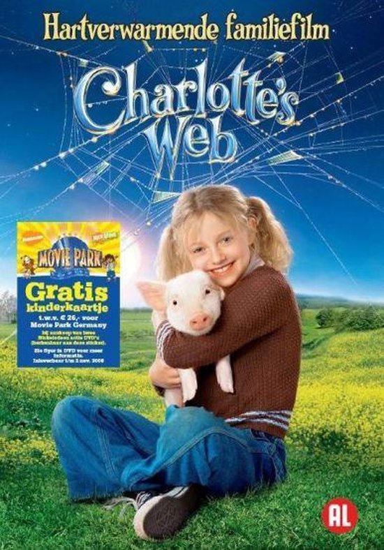 Een meisje met blond haar omhelst een varkentje. Titel: Charlotte's Web. Extra: Gratis kinderkaartje Movie Park Germany.