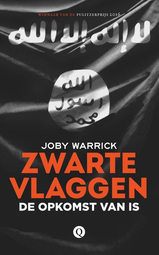 Couverture du livre 'Zwarte vlaggen' et 'De opkomst van IS'. Au fond, un drapeau noir avec du texte arabe.