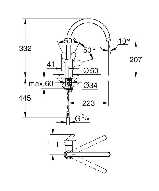 Technische tekening van een chroomkleurige keukenkraan met afmetingen.