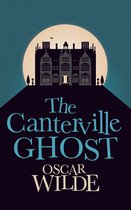 Boekcover van 'The Canterville Ghost' van Oscar Wilde, met een silhouet van een spookhuis tegen een volle maan.