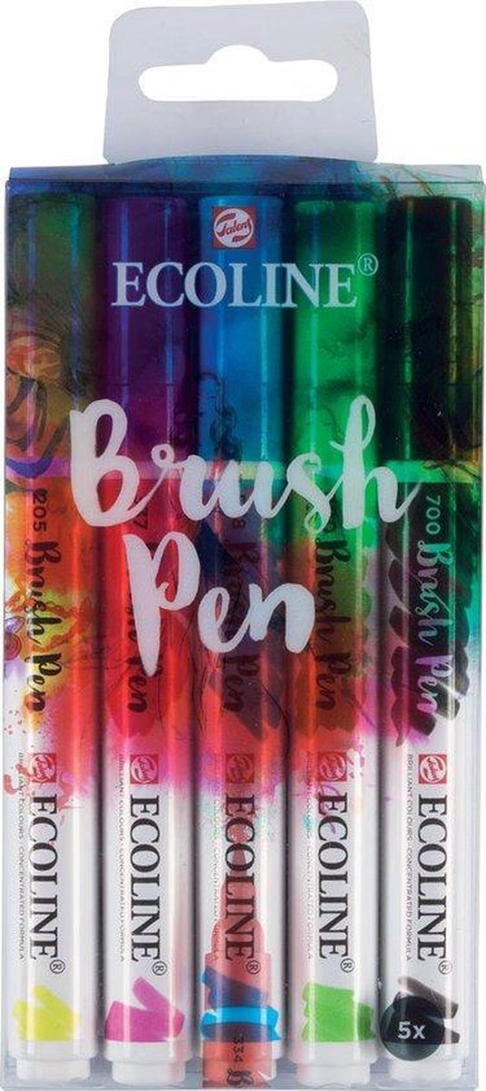Talens Ecoline Brush Set met 5 Pennen + 1 x A4 Ecoline/aquarelblok + 1 Brush Pen Blender + Basis Boekje Handlettering