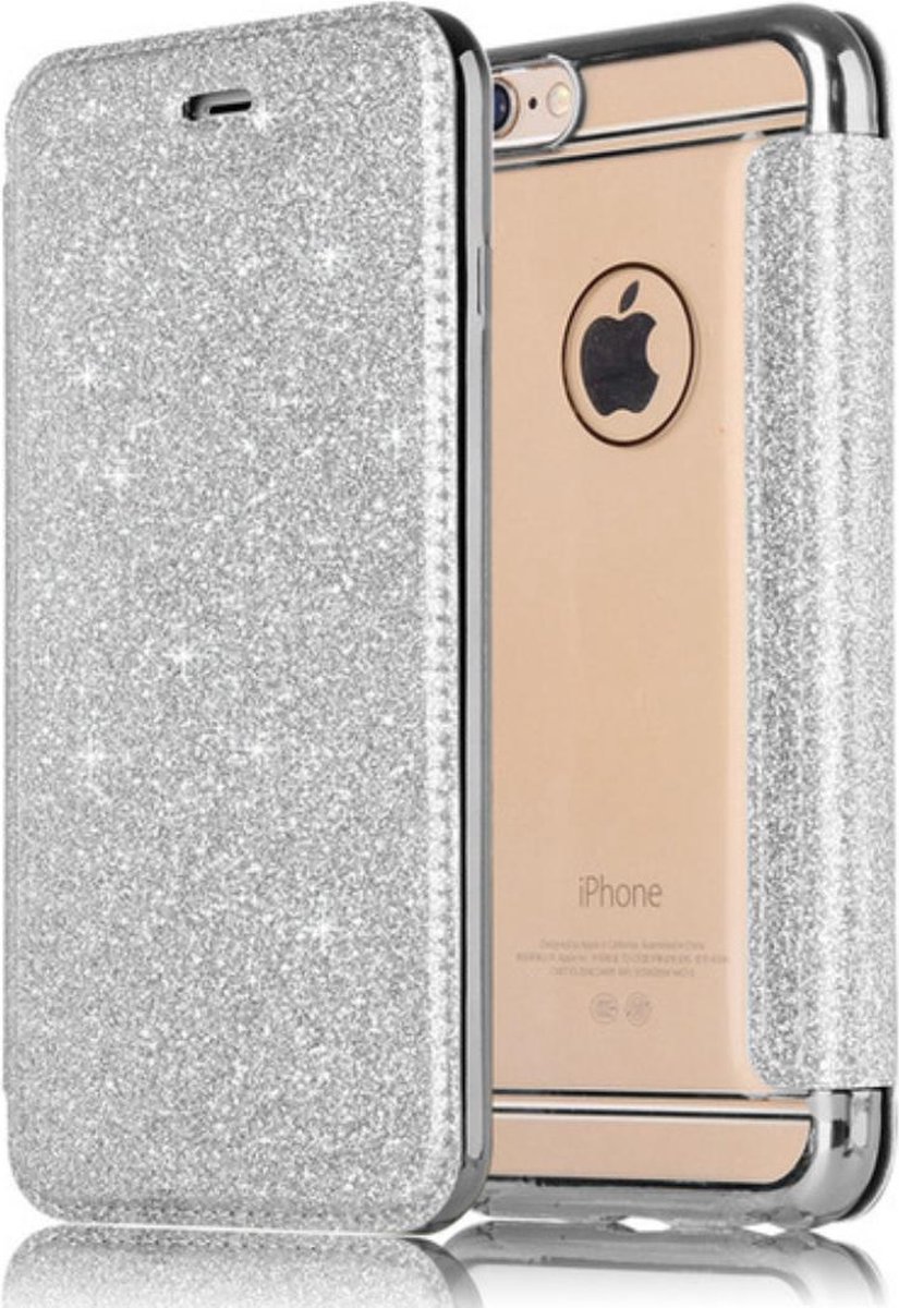 Geschikt voor Apple iPhone 7 - 8 Flip Case - Zilver - Glitter - PU leer - Soft TPU - Folio