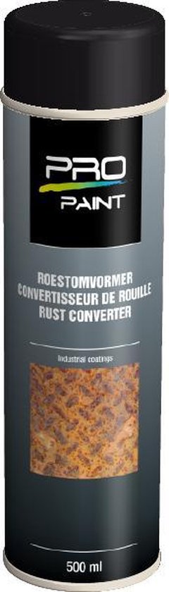 Pro-Paint spuitbus met 'ROESTOMVORMER RUST CONVERTER' tekst en afbeelding van roestig metaal.