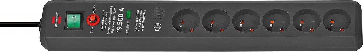 Secure-Tec 19.500A stekkerdoos met overspanningsbeveiliging, akoestisch 6-voudig antraciet 3m H05VV-F 3G1,5 *FR*