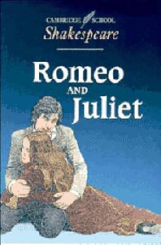 Boekomslag met "Romeo and Juliet" en een afbeelding van een man die een vrouw vasthoudt.