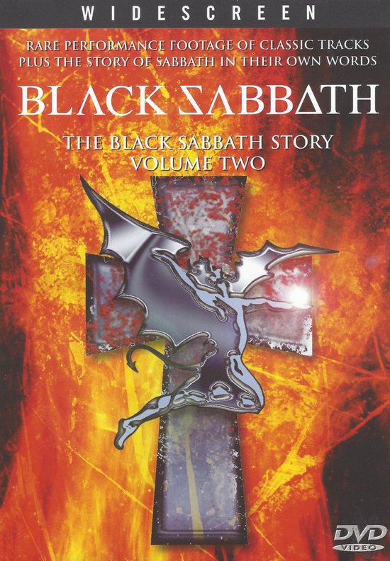 DVD hoes van "Black Sabbath: The Story Volume 2". Vuur en een kruis met een demonische figuur in het midden. "WIDESCREEN" boven de titel.