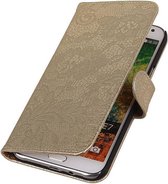 Samsung Galaxy E7 - Lace Bloem Design Goud - Book Case Wallet Cover Hoesje