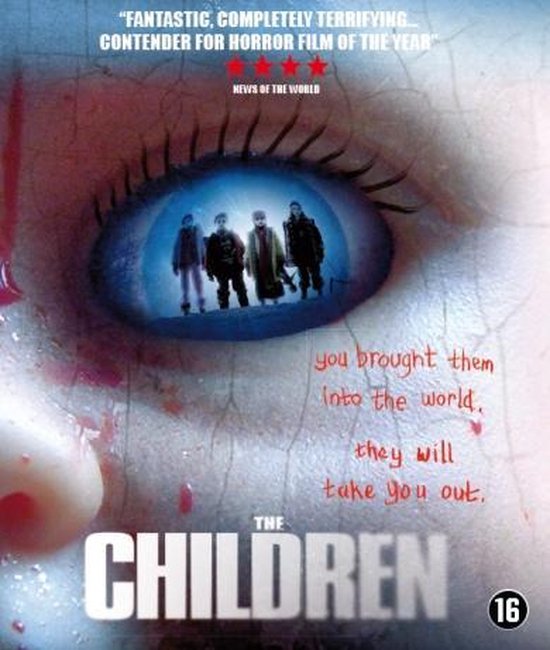 Close-up van een bloederig oog met een reflectie van vier kinderen, met de tekst 'the CHILDREN' en een leeftijdsclassificatie.