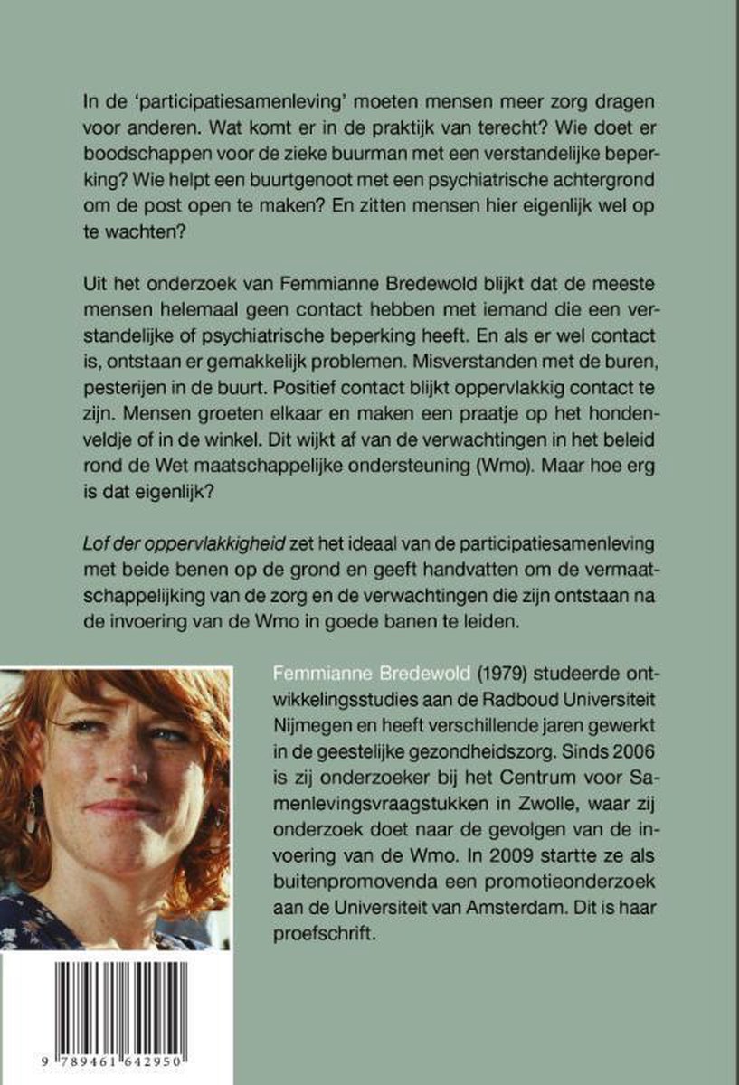 Achterkant boek met informatie over 'participatiesamenleving' en een foto van auteur Femmianne Bredewold.