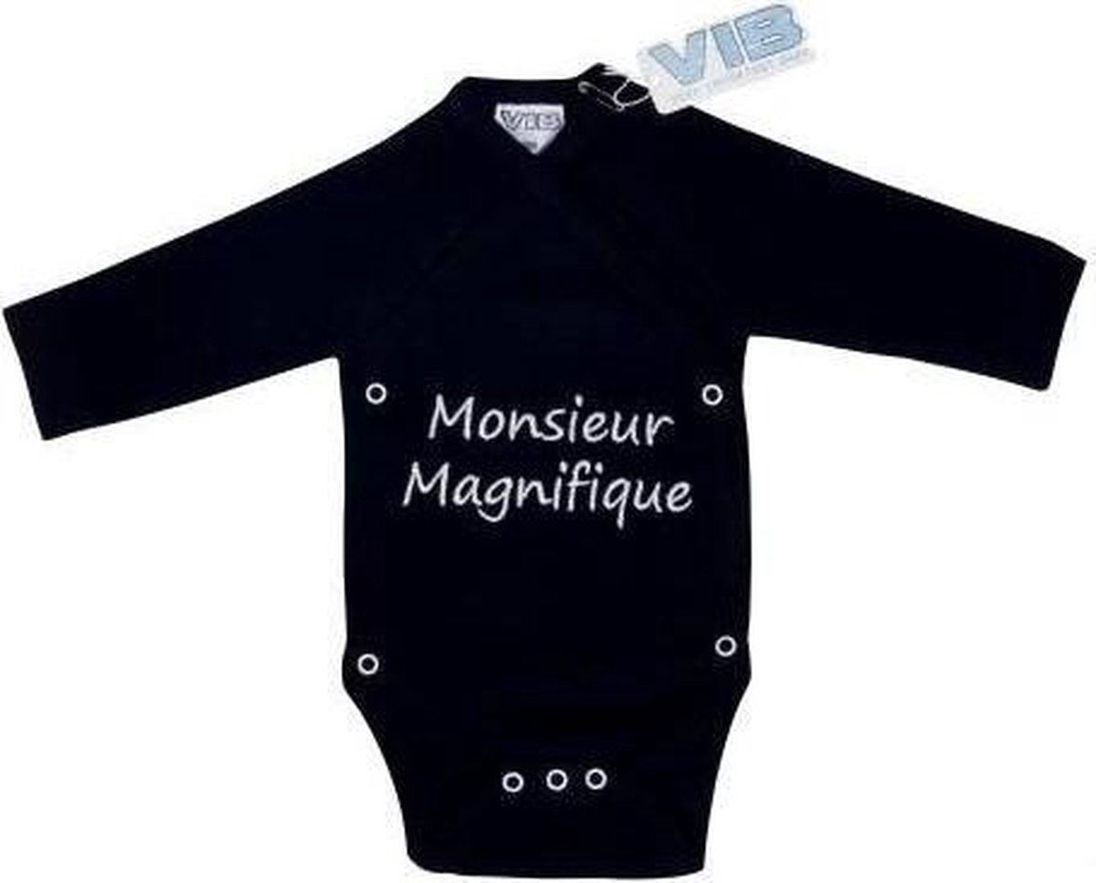 VIB® - Rompertje (overslag) Luxe Katoen - Monsieur Magnifique (Zwart) - Babykleertjes - romper - rompertjes - rompertjes met tekst - baby cadeau - baby aankondiging - overslagromper