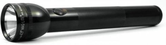 Zwarte Maglite zaklamp met geribbelde greep, vanuit de zijkant gezien.