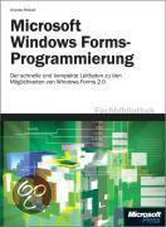 Boek 'Microsoft Windows Forms-Programmierung'. Abstracte groene en blauwe lijnen en blokken op de achtergrond.