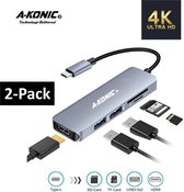 A-Konic USB Type C Adapter - HDMI 4K, 2x USB 3.0, USB-C Opladen, SD Card Reader Hub