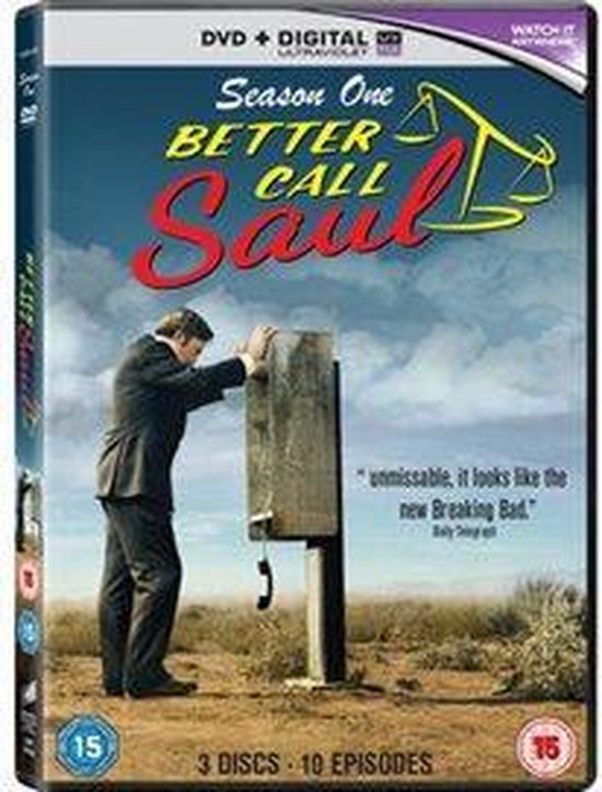 DVD-hoes van Better Call Saul Seizoen Eén. Een man in een pak leunt op een telefooncel in een woestijnlandschap.