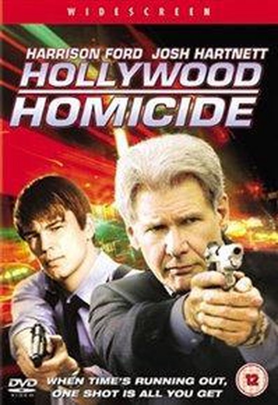 Dvd-hoes van Hollywood Homicide met Harrison Ford en Josh Hartnett die pistolen vasthouden, met de tekst 'When time's running out, one shot is all you get'.