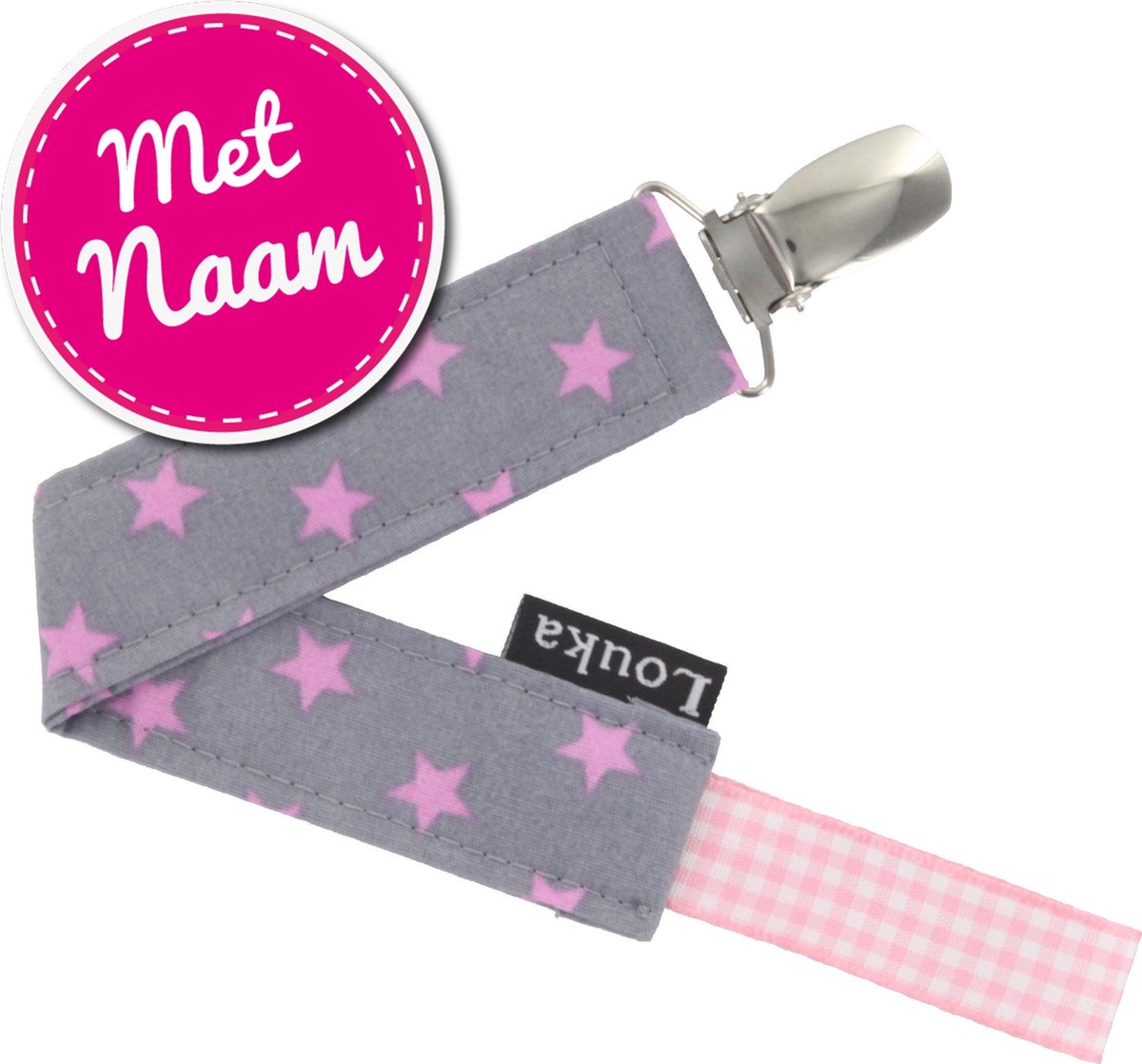 Goedkoopste Louka speenkoord met naam grijs met roze ster