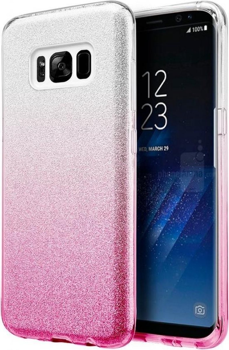 HB Hoesje Geschikt voor Samsung Galaxy S8 - Glitter Back Cover - Roze en Zilver