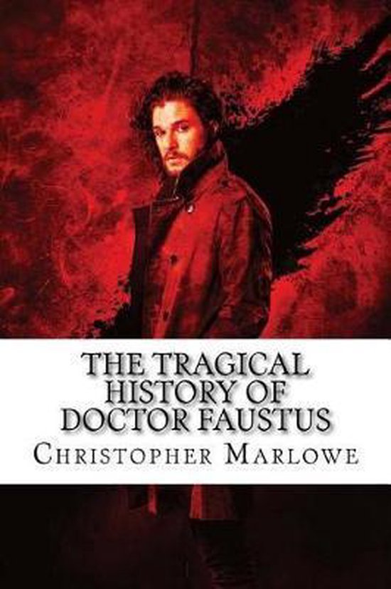 Boek kaft met een man met donker haar, roodachtige achtergrond en titel: THE TRAGICAL HISTORY OF DOCTOR FAUSTUS CHRISTOPHER MARLOWE.