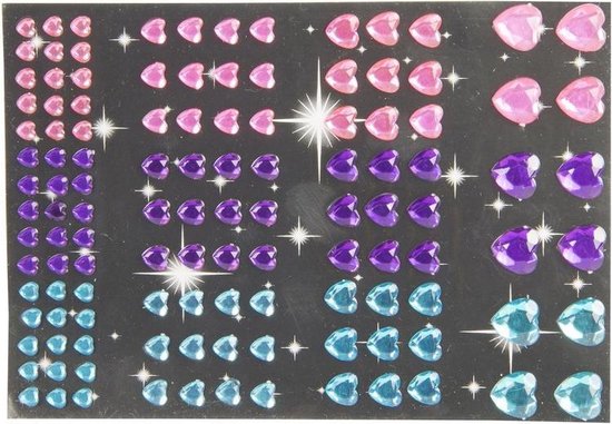 Hartjes diamant strass stickertjes roze, paars en blauw 120 stuk