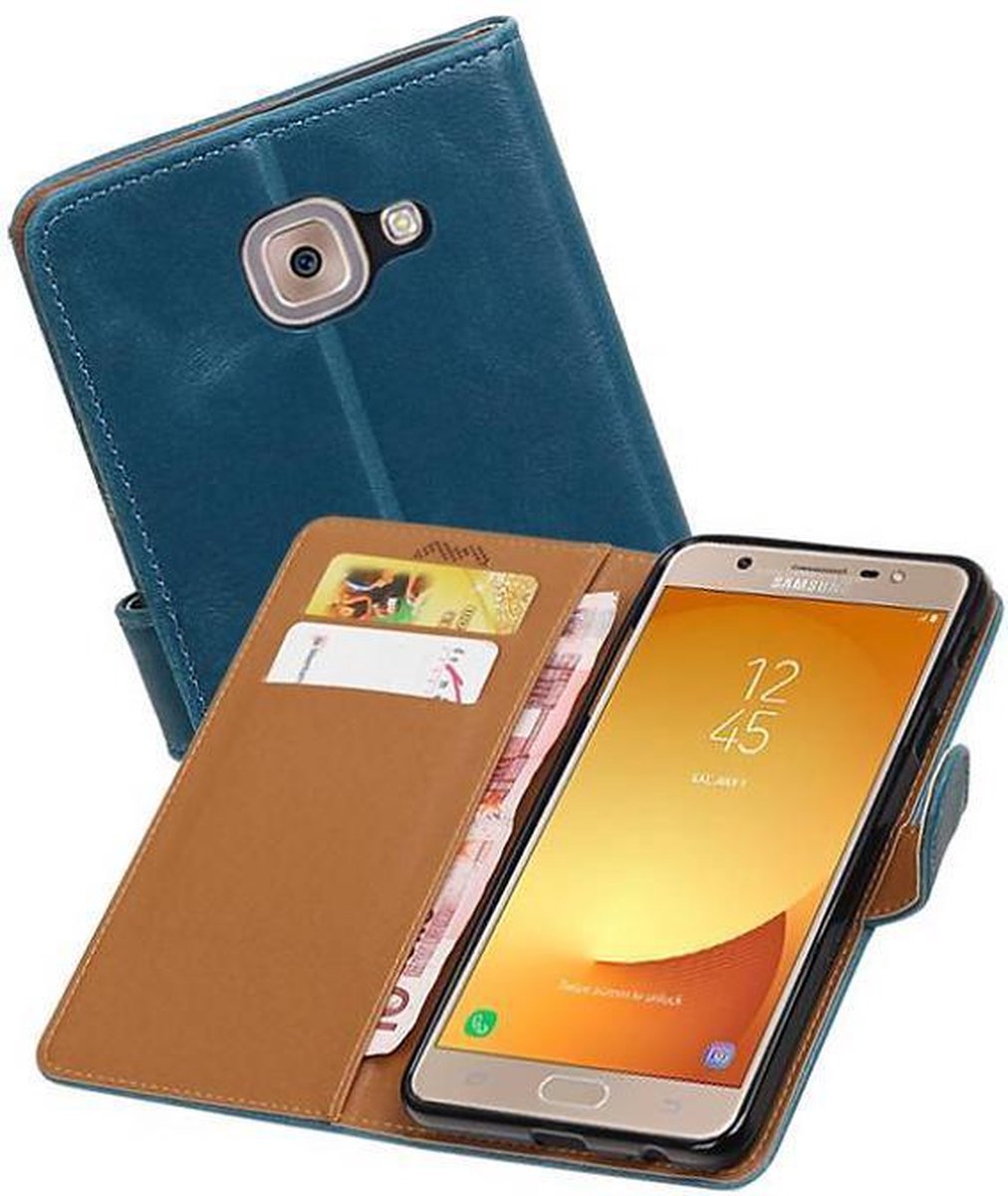 Zakelijke Book Case Telefoonhoesje Geschikt voor de Samsung Galaxy J7 Max - Portemonnee Hoesje - Pasjeshouder Wallet Case - Blauw