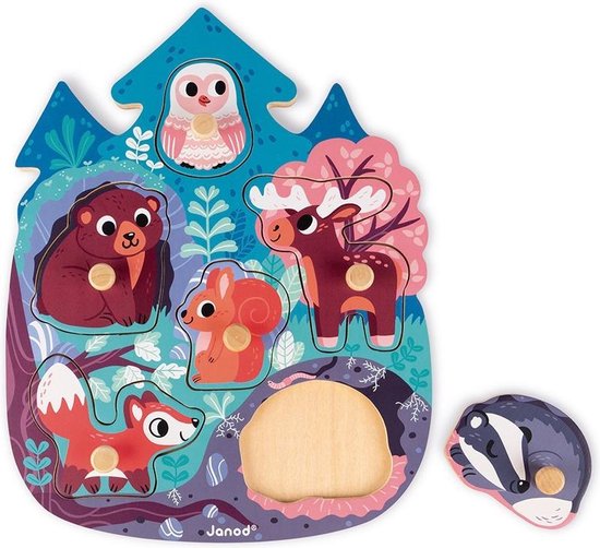 Janod Knoppuzzel - Bosdieren - Houten Puzzel Met 6 Stukjes - De Houten Pinnen Op Elk Stuk Maken Het Makkelijk Om Deze Vast Te Pakken - Geschikt Vanaf 18 Maanden van Janod — afbeelding 3