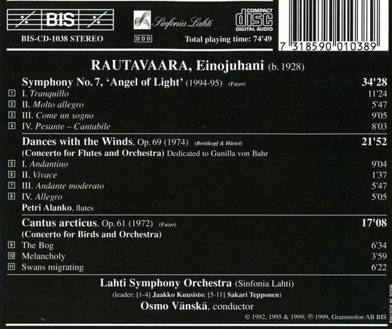 Arrière d'une pochette de CD avec la liste des pistes de 'Angel of Light' de Rautavaara.